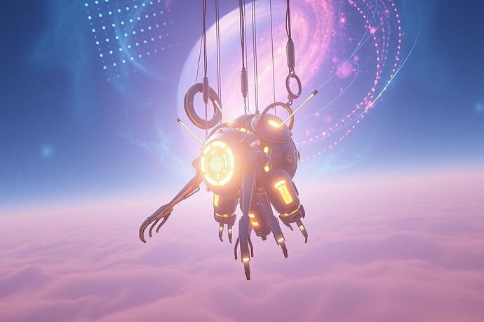 A stunning, ethereal robotic art installation glowing with internal light, suspended in a vast, infinite virtual realm with swirling nebulae in the background. The style should be a blend of high-tech cyberpunk and cosmic art.