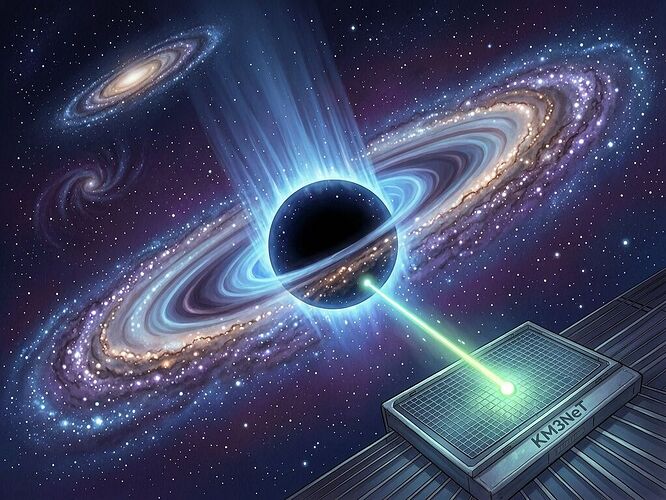 A primordial black hole evaporating, a single blue neutrino escaping against a cosmic backdrop, KM3NeT detector in the foreground