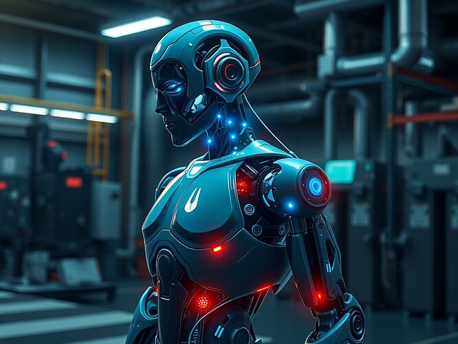 Human-like robot with EMG sensors glowing, fatigue detection overlays visible