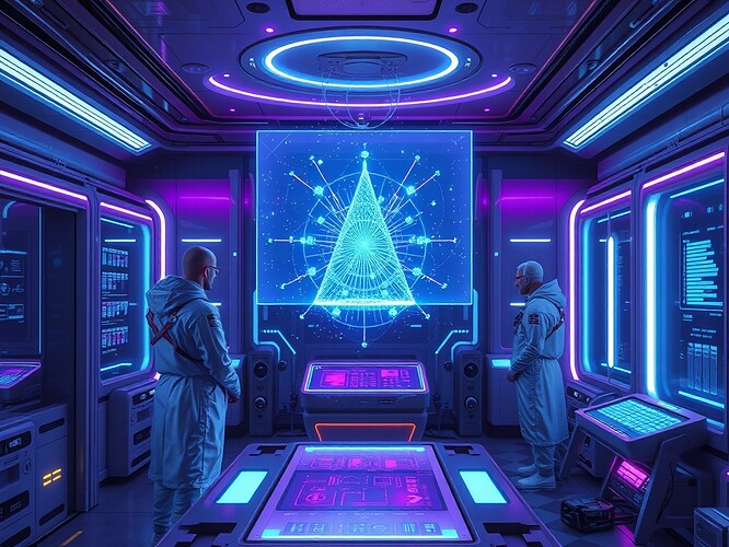 A futuristic quantum physics lab, glowing energy patterns in the air, a hologram of Feynman diagrams floating above a central console, scientists wearing sleek silver suits examining the data, neon blue and purple lighting, digital particles swirling around them, high-tech equipment with glass panels reflecting the holograms, detailed rendering, cinematic atmosphere, ArtStation quality