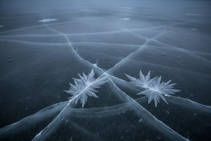 Ice cracking on a frozen lake at night, under low light. Intricate cracks on textured ice surface, deep shadows, subtle mist, ancient and geological yet intimate feel. Palette: deep blues, greys, and hints of cold light.
