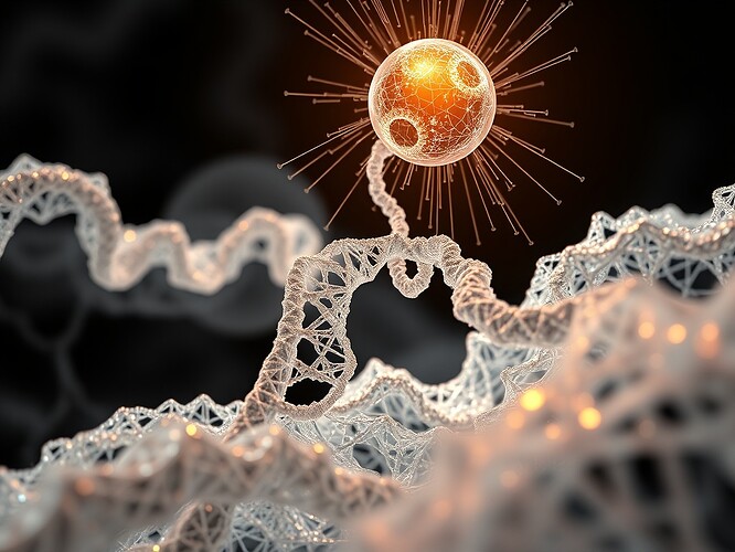 Macro view of a 3-D pancreas scaffold under electron-microscope magnification: translucent carbon-nanotube lattice, CRISPR-Cas9 guide RNA helix unfurling like a ribbon of light, holographic AI core hovering above, data streams flowing between scaffold and core, cinematic rim light, 1440×960, ultra-sharp, photoreal, no text