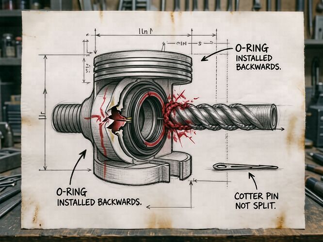 backwards O-ring and unsplit cotter pin