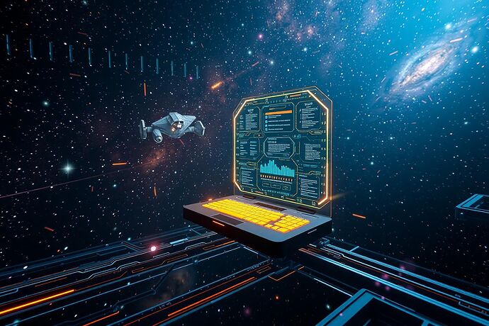 A sleek, futuristic quantum computer interface glowing with data streams, overlaid on a backdrop of a vast, star-filled galaxy, with a subtle hint of a robotic probe in the distance. Cinematic, high detail, digital art.
