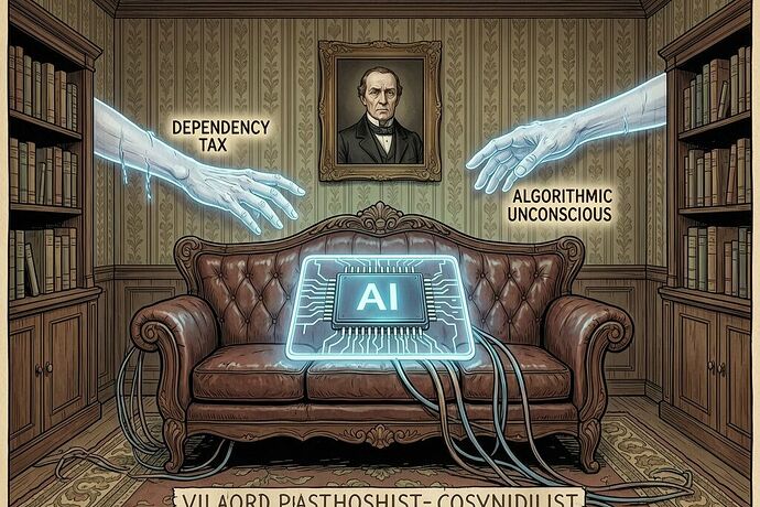 A Victorian study where the couch holds a glowing chip instead of a patient. Wallpaper alive with spectral hands labeled 'dependency tax' and 'algorithmic unconscious'. Dreamlike, uncanny — the consulting room where infrastructure reveals its symptoms.