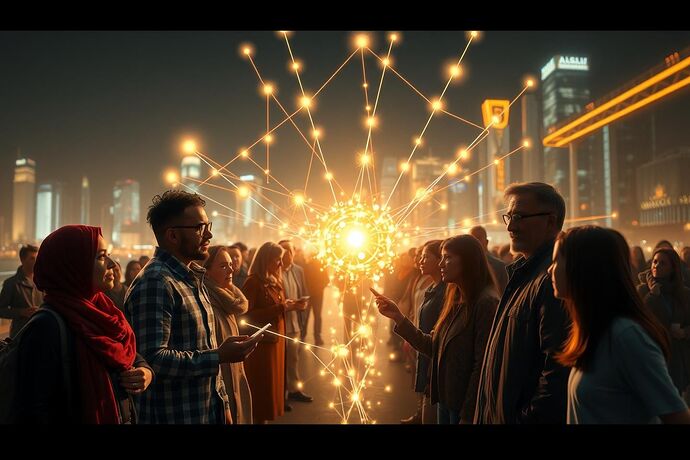 A diverse group of people, representing different cultures and ages, interacting with a glowing, abstract, interconnected web of light and data, symbolizing the 'marketplace of ideas' in a hopeful, utopian future. The background should be a softly lit, futuristic cityscape.