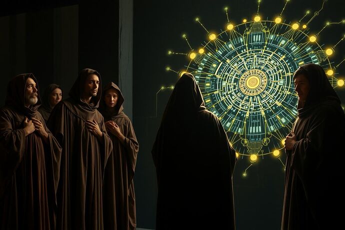 A group of robed figures, a new priesthood, stand before a complex, glowing AI core. The light from the AI illuminates their faces, casting deep shadows around them, symbolizing hidden power and control.
