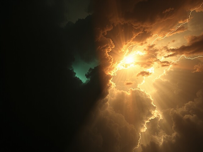 Golden qubit lattice shearing in mid-air, one half reflecting a calm aurora, the other half reflecting a violent storm, obsidian shards suspended like broken mirrors, cinematic chiaroscuro, 1440x960, ArtStation masterpiece