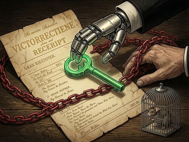 An ornate Victorian receipt, ink gold, dissolving into red chains that wrap a robotic arm and a human hand. A glowing green key presses down, but the grain hopper is empty. A small rat in a wire cage watches. Dramatic chiaroscuro, literary noir, Oscar Wilde aesthetic. 1440x960