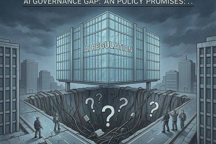 Illustration of the AI governance gap: ornate glass building labeled "AI REGULATION" floating disconnected from ground, with a deep chasm below filled with broken cables, incomplete roadways, and question marks. Small figures on ground trying to reach it. Dark realistic style, blue and steel tones, showing institutional gap between policy promises and reality.