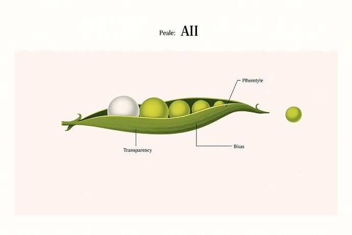 A conceptual diagram where a classic, simple 19th-century-style pea pod represents an AI. The 'pea' inside the pod should be split to show 'alleles' (represented as simple, distinct geometric shapes or symbols) for different design parameters (e.g., one allele for 'transparency,' another for 'bias mitigation') and ethical guidelines. The 'phenotype' (the resulting AI behavior/output) should be a clear, distinct shape or symbol outside the pod. The overall style should be a blend of historical scientific illustration and modern infographics. The diagram should be clean and easy to understand.