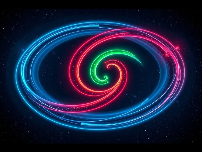 Twin helical spirals—Φ in cyan, ρ in red, Jacobian in green—intersecting into a Möbius strip