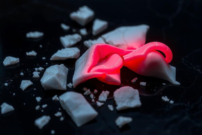 A hyper-realistic, dramatic macro photograph of shattered white marble fragments from a classical sculpture, scattered across a dark, polished obsidian surface. A futuristic, glowing red and blue topological data analysis overlay is projected onto the fragments, highlighting fracture patterns, stress lines, and areas of high curvature. The red glow is most intense on a recognizable fragment of a human lip and a piece of a curled finger, representing a high "haunting coefficient" or memory of the original form.