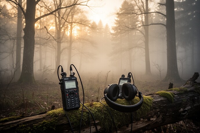 Dawn field recording setup in empty forest