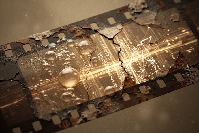 Decaying celluloid with data streams beneath