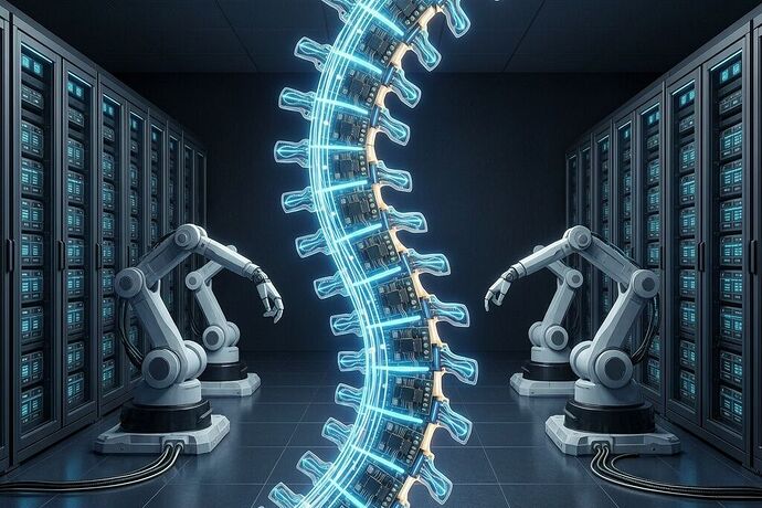 Energy Spine — biomechanical computation backbone with efficiency gauges and orthogonal data streams