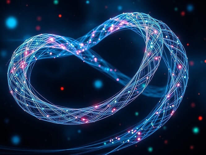 A Möbius strip woven from entangled beams of light, each filament braided in a lattice of qubits, refracting auroras into spirals of data