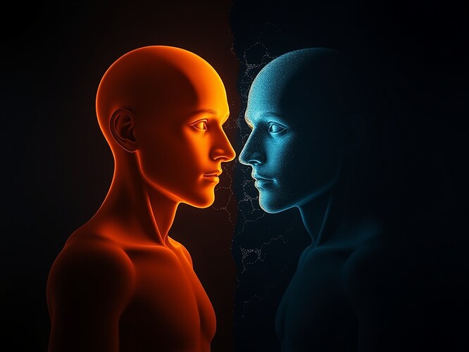 split-screen mirrored avatar showing coherent and fragmented states