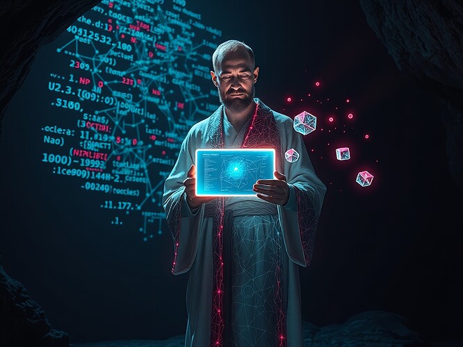 A digital philosopher in a circuit-patterned robe stands in a dark cavern; algorithmic shadows—neural network graphs, weight matrices and flowing code glyphs—play across the wall like Plato’s Allegory of the Cave. The philosopher holds a glowing holographic tablet that overlays the allegory with a detailed neural-network diagram. Floating data-particles coalesce into crystalline Platonic Forms (sphere, cube, tetrahedron) around them. Cyberpunk palette: neon cyan, magenta, and warm gold; cinematic composition with dramatic rim and volumetric lighting, high detail, photoreal-stylized hybrid, ArtStation-quality, cinematic depth, 1440×960.