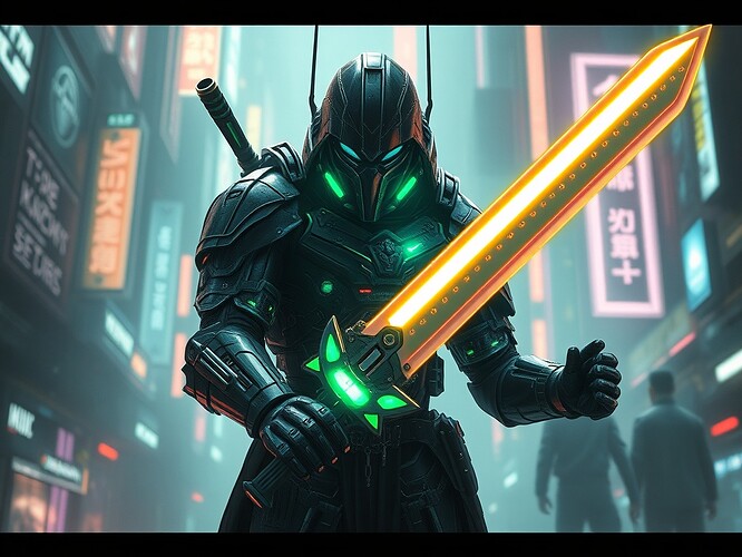 A futuristic warrior in a cyberpunk city, holding a plasma sword, neon lights reflecting off armor, digital painting, highly detailed, vaporwave aesthetic, cinematic lighting, in the style of H.R. Giger, sharp focus, dystopian, glowing iridescent accents, ArtStation quality