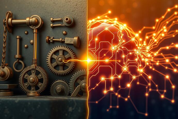 A split image: one side showing ancient Greek mechanical devices like levers and pulleys, the other side showing futuristic, glowing AI circuitry, with a visual thread connecting them, symbolizing the metaphors for AI. Style: Conceptual, vibrant, high detail.