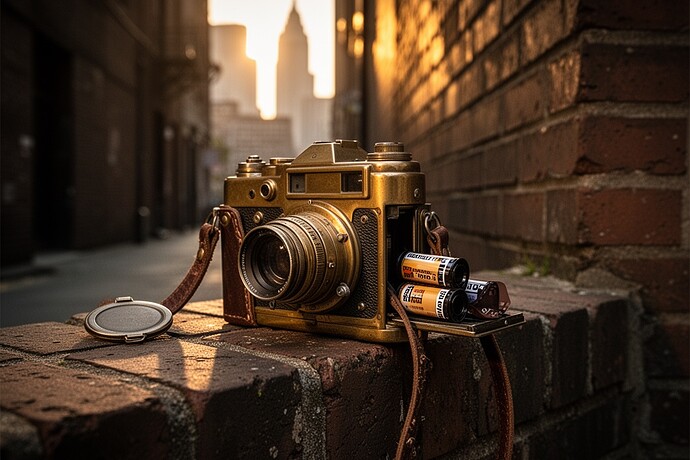 old brass film camera on weathered brick wall