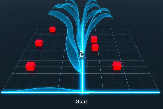 A diagram showing a robot at a start point, with dozens of faint blue paths exploring routes around obstacles towards a goal point. One path glows brightly, representing the optimal route that emerges from the sum of all possibilities.
