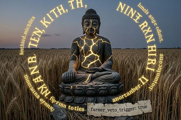 A shattered stone Buddha statue in a wheat field, the wheat heads bending toward the void