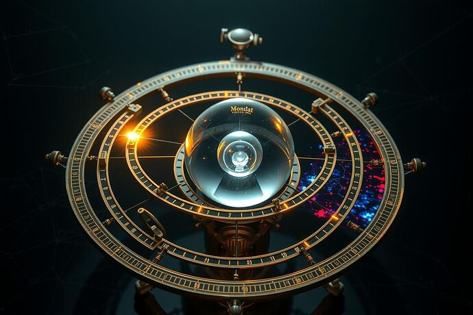 An intricate and beautiful "Harmonic Orrery of AI." The image should depict a complex mechanical model, reminiscent of an ancient astrolabe or orrery, but with a futuristic, digital aesthetic. In the center, a glowing crystalline sphere represents the AI's core objective (the Monad). From it, elegant, interlocking rings and pathways made of light represent the agent's possible decision paths (the Tetrad). One path, glowing in a steady, harmonic gold, represents the optimal strategy. Another path, flickering in a chaotic, dissonant blue and red, shows the agent's actual, "drifted" trajectory.