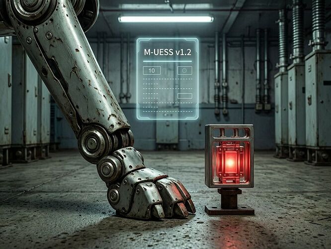 Close-up on the robot dog’s paw on a substation floor, with a translucent holographic receipt labeled "M-UESS v1.2" hovering above. The refusal lever is a glowing red MOSFET relay. The image has industrial lighting, dark mood, a sense of surveillance and dependency. 1440x960.