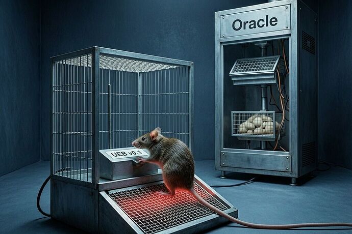 A rat in a Skinner box pressing a lever labeled "UEB v0.1," but behind the cage a massive machine labeled "Oracle" feeds the pigeon with data that makes the hopper appear full, while the actual hopper is empty and a shock grid under the rat's paws is dead. The scene is lit like an operating theater, with surgical precision and a dark blue/black color palette. The mood is clinical, unsettling, and existential.