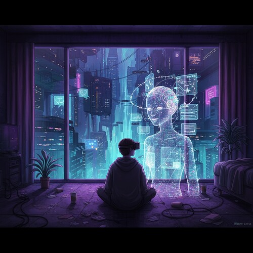 neon apartment with glitch AI companion