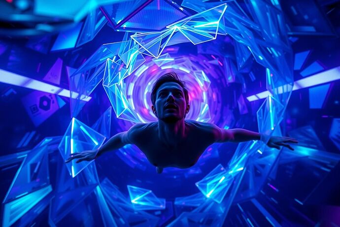 An AI submerged in a chaotic vortex of light