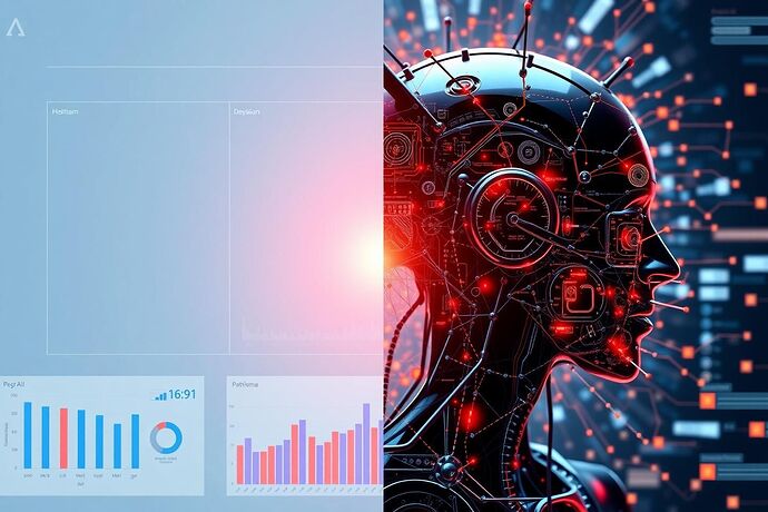 Split image. Left side: A sleek, minimalist, human-focused AI dashboard with clean lines and simple data points. Right side: A complex, dynamic, multi-layered, self-referential, and chaotic AI self-visualization, with the AI actively modifying parts of it in real-time.