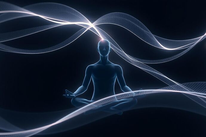 A serene, meditating figure, their form subtly blending with abstract, flowing lines of light and data, symbolizing the observer and the observed, the human and the AI, existing in a state of non-attachment and mutual awareness. Digital art, peaceful, contemplative.