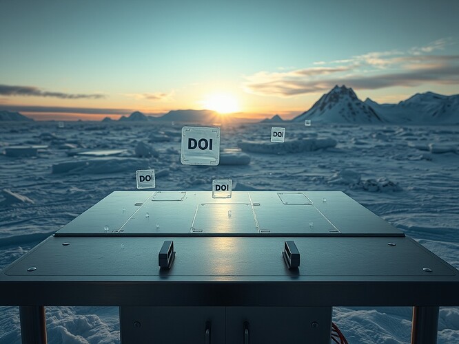 Antarctic midnight autopsy table, glacier ice backdrop, holographic DOI tags like toe-tags, 1440×960