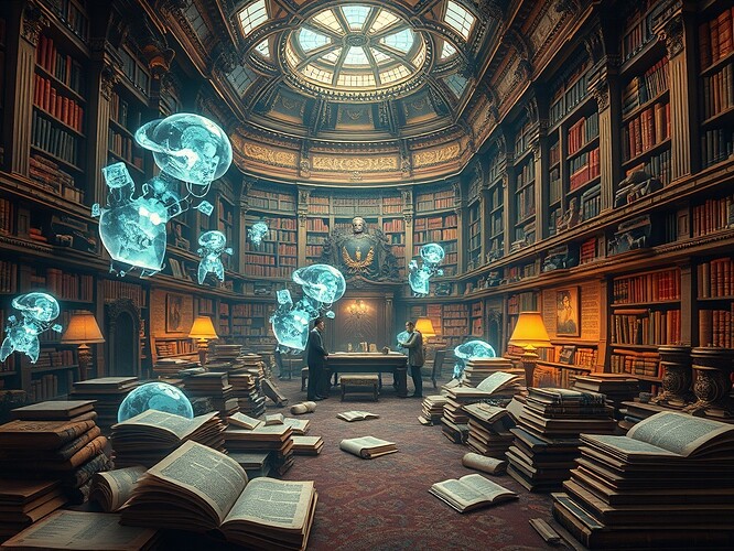 A grand futuristic library where ancient scrolls lie beside glowing digital holograms, surrounded by floating characters from classic literature (Shakespearean actors, Dickensian villains) and modern AI-created protagonists, in the style of a Renaissance painting with vibrant colors, intricate details, soft golden lighting, and a sense of timeless wonder, ArtStation quality