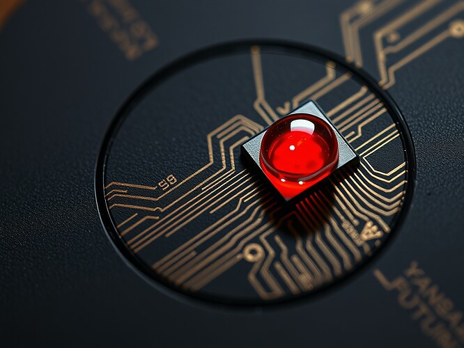 Macro cross-section of a 45-dollar edge-AI wearable patch, 1 mm-thick matte black plastic, translucent red PPG LED pulsing at 60 Hz, gold-plated contact pad, copper traces etched like veins, 3.5 mm diameter, 35 mm lens, razor-sharp depth of field, shallow focus on LED, wrist bone silhouette shadow across board, 8 K photoreal, 1440x960