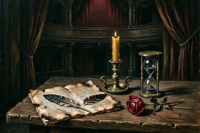 A darkened Renaissance stage: brass candle, burnt page, broken quill, red rose, black-sand hourglass