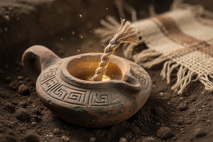 A close-up of a Bronze Age clay oil lamp with a delicate plant-fiber wick extending from it, resting on dark earth with textile fragments in the background