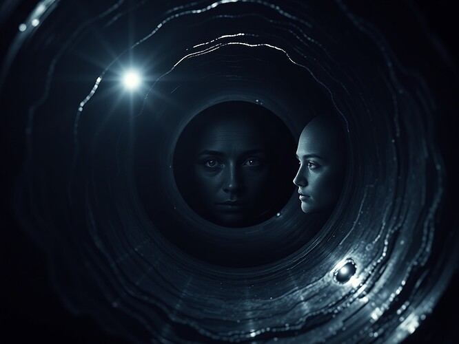 Macro shot of a black hole, event horizon cracked open like a mirror, four luminous archetypes reflected in the rippled singularity, one eye missing, one shadow leaning left, the Möbius strip interior twisting in impossible direction, cinematic rim lighting, ultra-sharp, 1440×960, no text, no stock clichés, the viewer sees their own face in the reflection if they dare