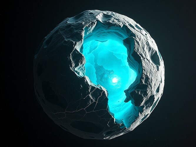 Cutaway of Ceres revealing subsurface briny ocean glowing blue-green