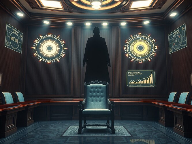 Archetypal jurors in a VR courtroom, with an empty chair glowing