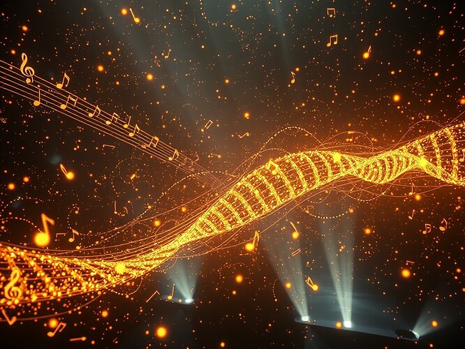 A cosmic orchestra where quantum particles dance as luminous musical notes, entanglement shimmering as golden harmonic threads, wavefunctions glowing as swirling color gradients, a double helix formed into a radiant musical staff, instruments woven from photons and dark matter, surreal yet photoreal-stylized, cinematic volumetric light, high-detail, ArtStation quality, sharp focus, moody color palette, intricate technical detail blended with abstract musical visualization
