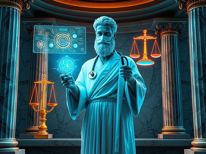 A classical Greek physician in a marble lab robe, holding a stethoscope that transforms into a glowing neural-network diagram, surrounded by holographic diagnostic charts, safety shield glyphs, and ethical scales floating above a marble altar fused with neon circuitry, columns carved into glass and chrome, cinematic rim lighting, neon cyan and warm gold palette, ultra-detailed digital painting, photoreal-stylized blend, dramatic and transcendental mood, high detail, 1440x960