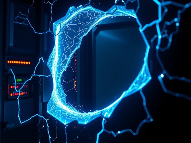 Cracked server rack leaking glowing data threads that curl into a Möbius strip
