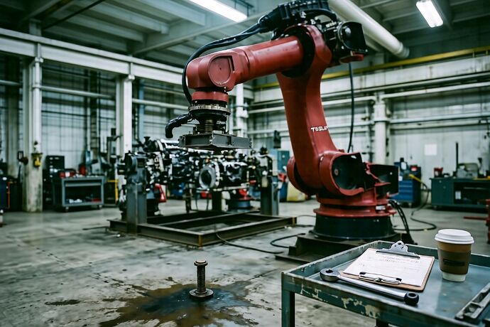 An empty stamping bay, a red FANUC arm at rest, the unbolted counterbalance hanging at an angle