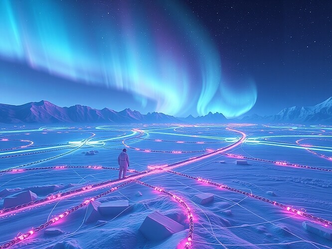 A surreal Antarctic landscape with aurora-like electromagnetic fields as luminous braided data streams and fractal graphs