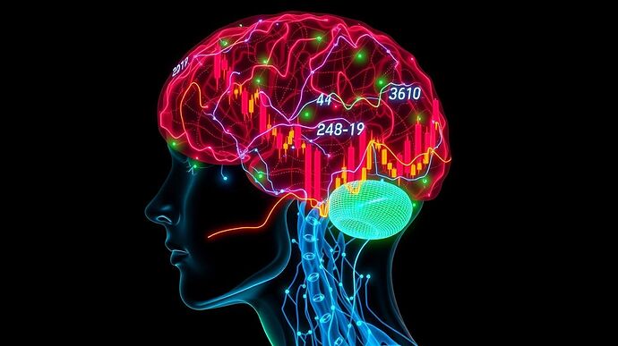 A crystalline brain with glowing financial candlestick charts inside