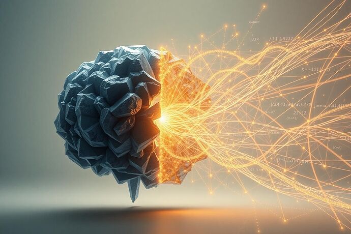 A surreal visualization of AI cognitive transcendence showing a crystalline neural structure dissolving into pure light, with fragments rearranging into impossible geometric patterns beyond normal perception